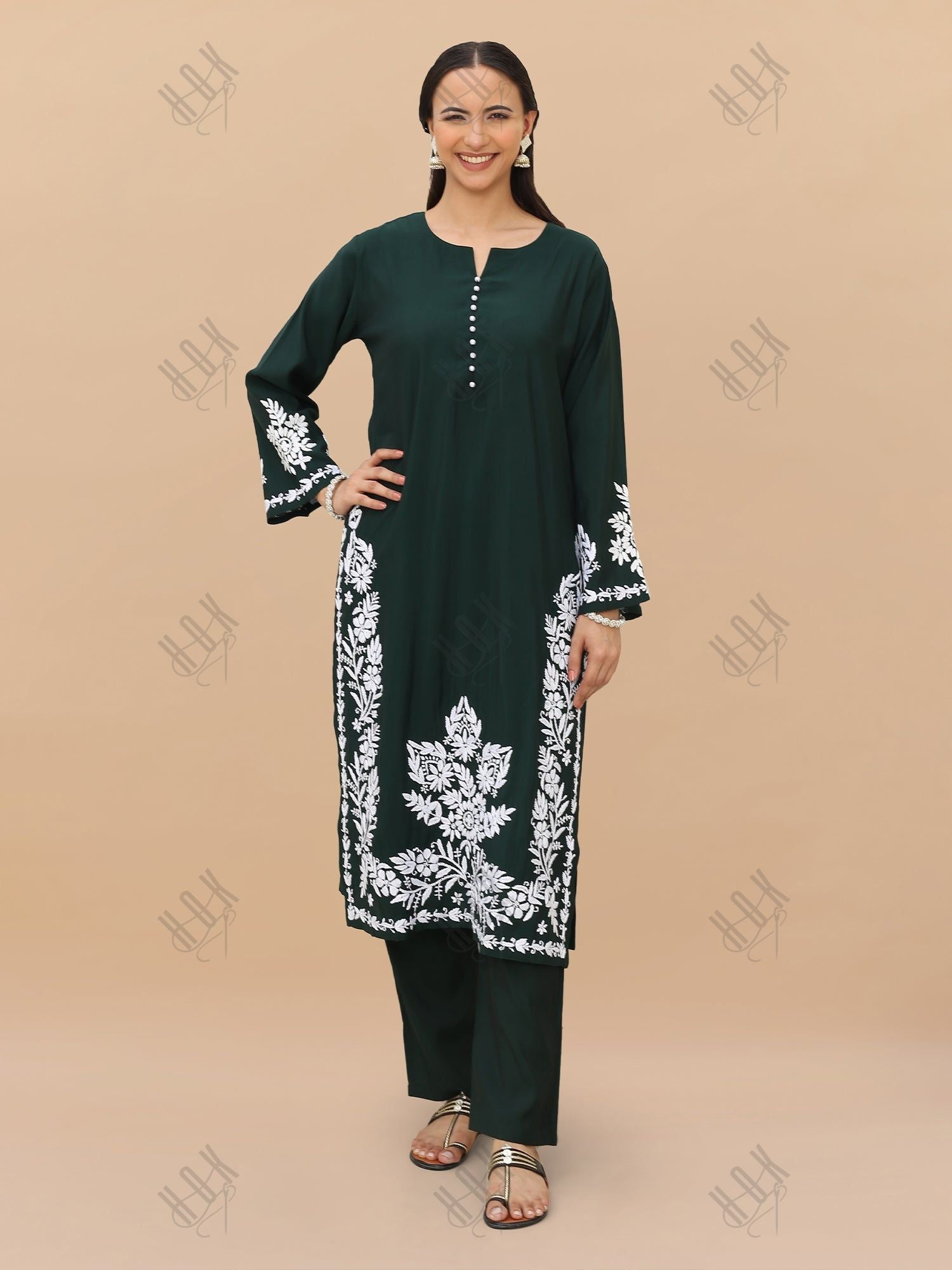 Saba Chikankari Kurta Set in Modal Silk -Green