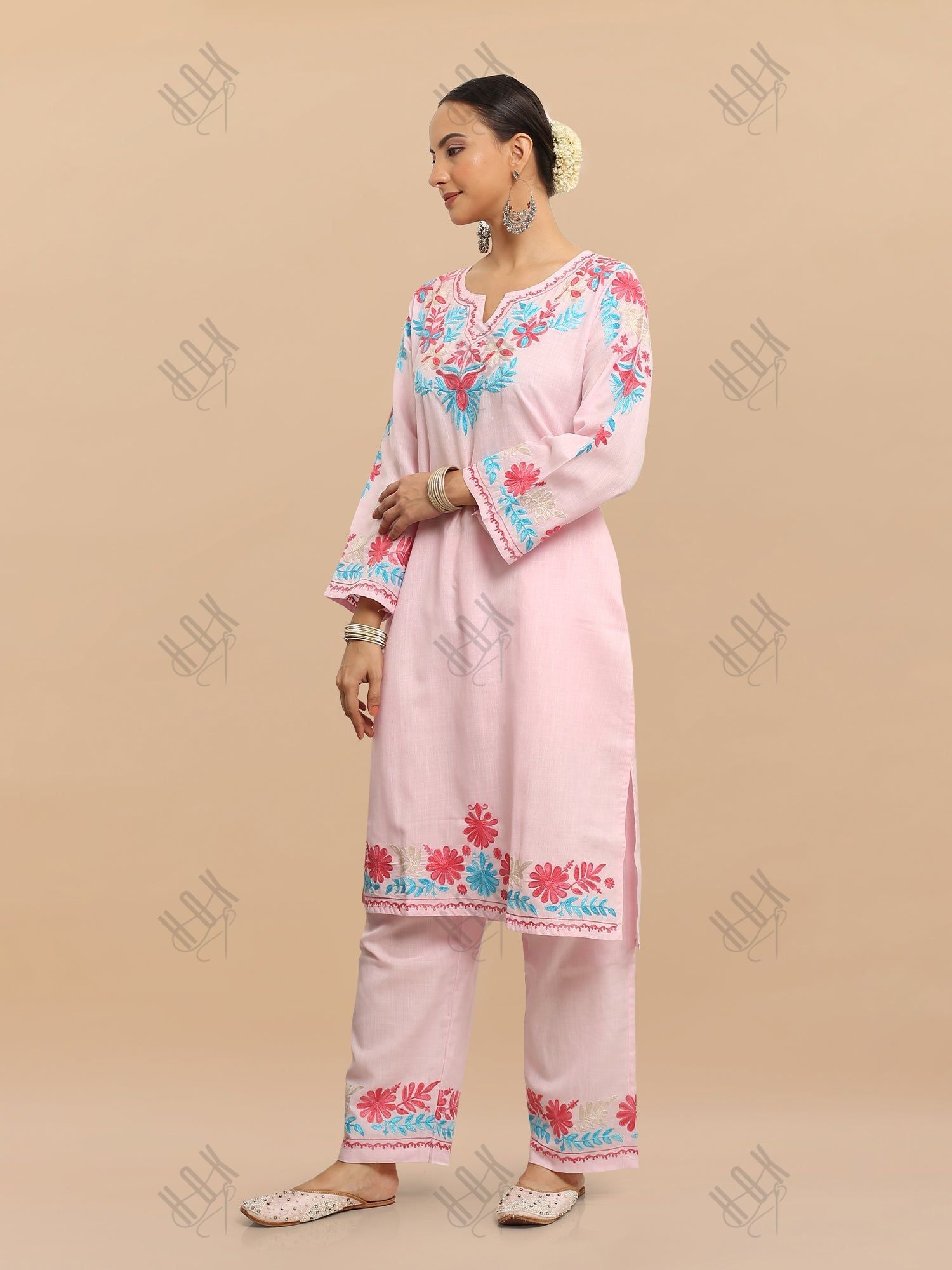 Falak Kashmiri Long Kurta Set  - Baby Pink