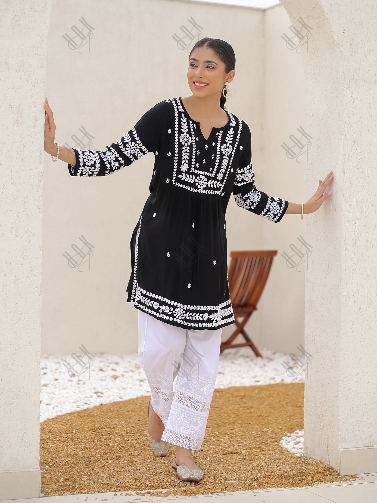 Saba Chikankari Short Kurta in Rayon cotton - Black With White