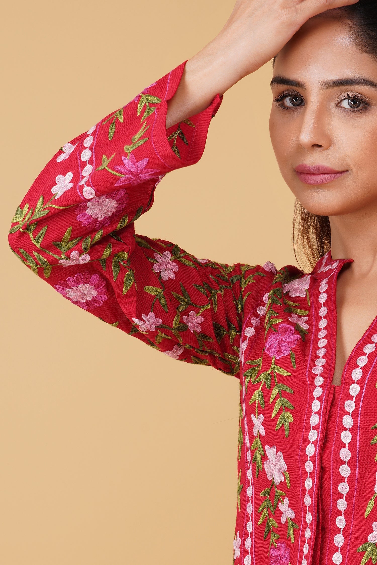 Cotton Kashmiri Aari Embroidered Jacket – Red Floral