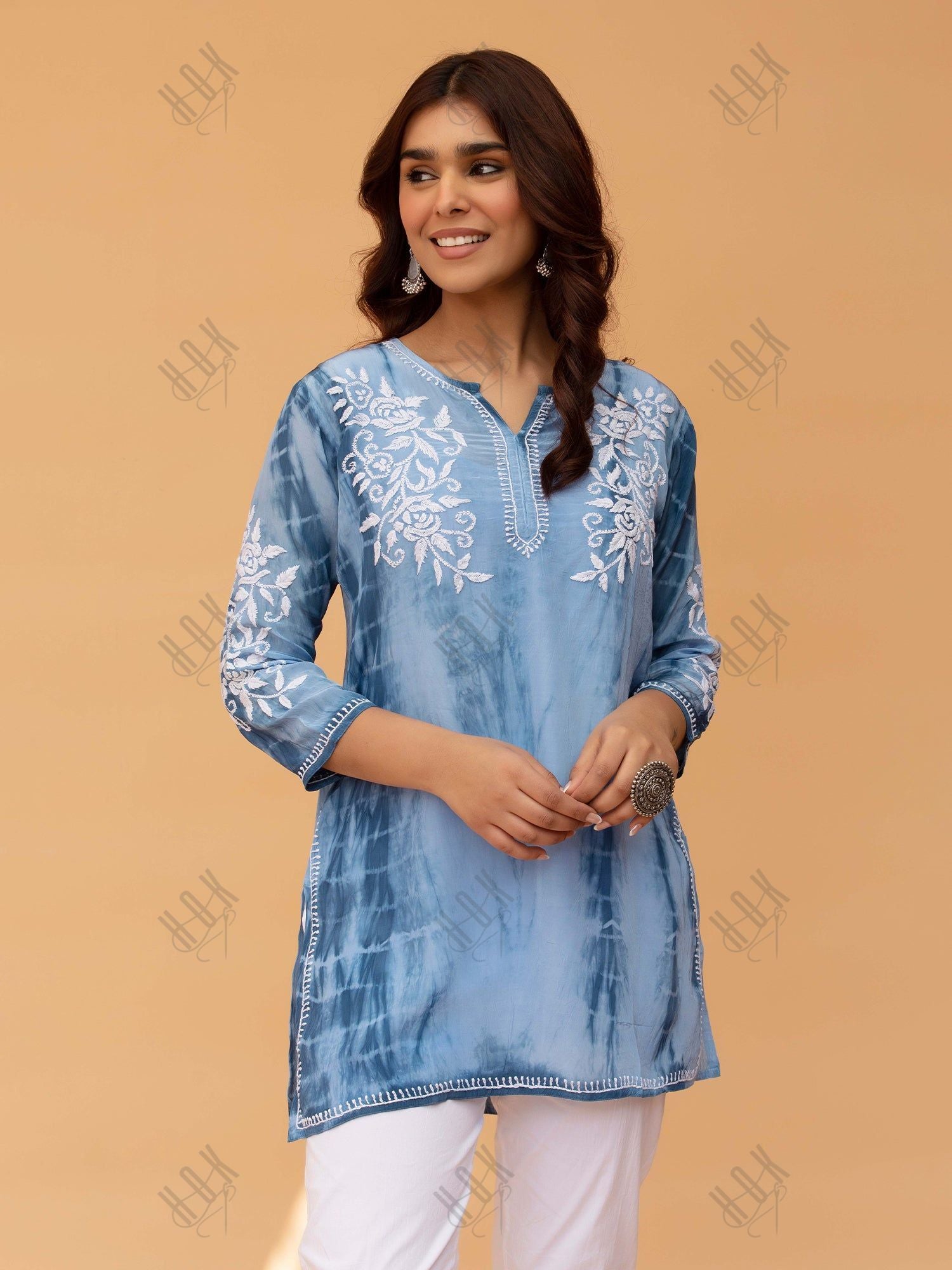 Saba Chikankari Short kurta in Crepe Silk - Blue