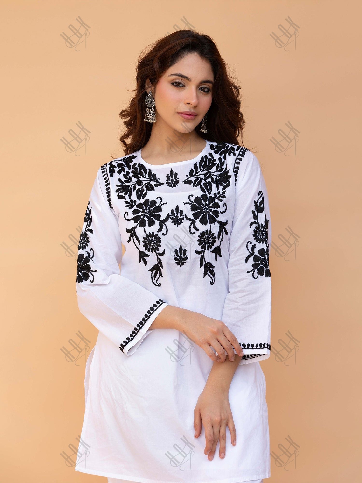 Saba Chikankari Co-ord Set in Cotton Cambric - White With Black