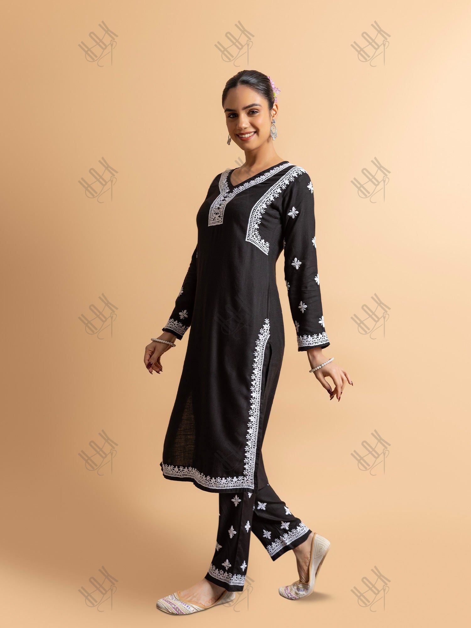 Saba Chikankari Rayon Kurta Set for Women - Black