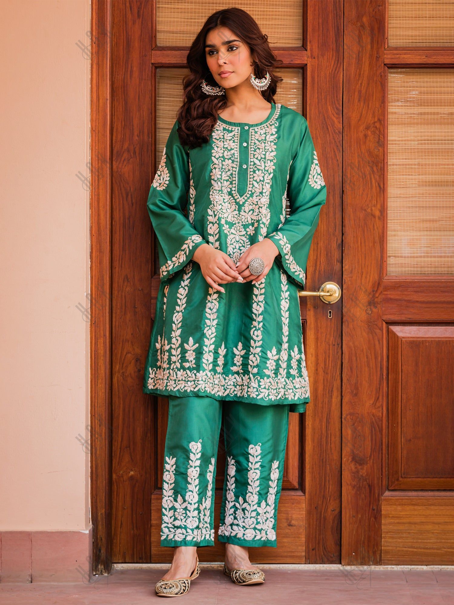 Saba Chikankari Kurta Set in Habutai Silk - Green