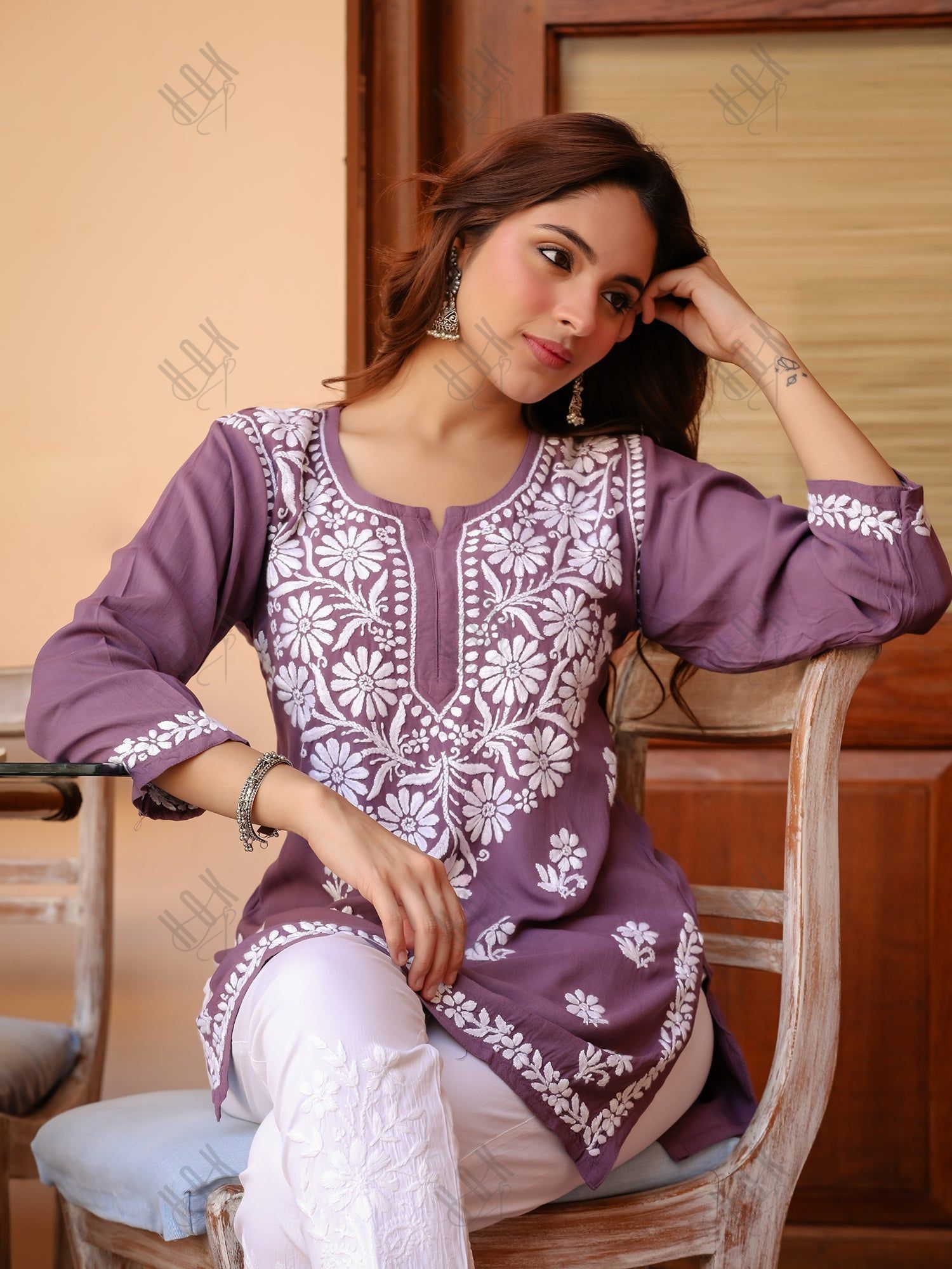 Saba Chikankari Short Kurta in Rayon cotton - Purple