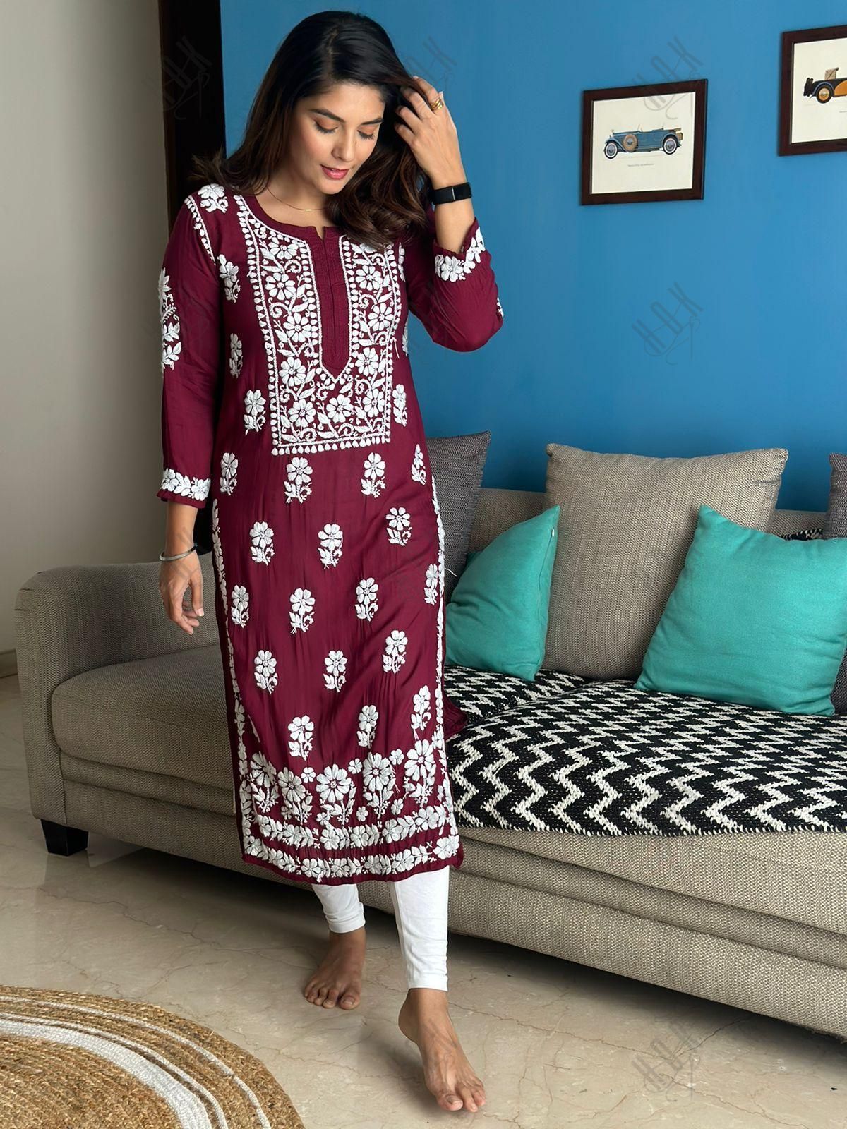 Pooja Gor in Premium Hand Embroidery Chikankari Kurta Modal Cotton- Maroon - House Of Kari (Chikankari Clothing)