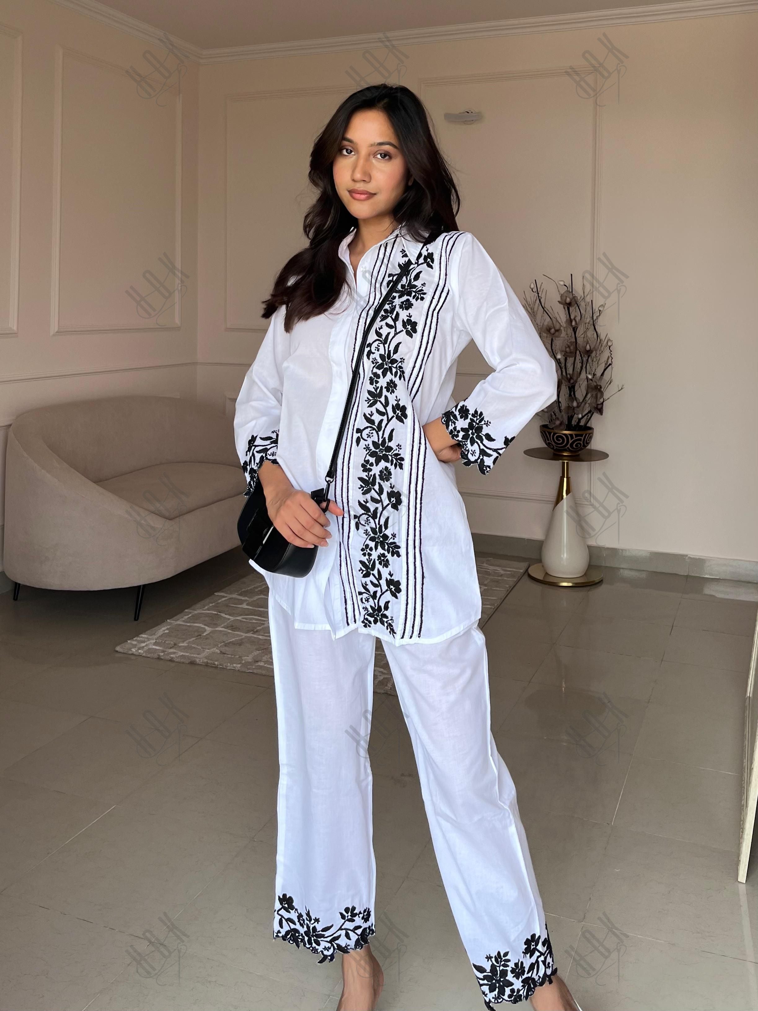 Anushka in Saba Chikankari Co-ord Set in Cotton Cambric - White With Black