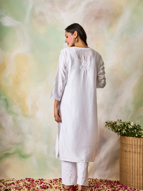 Hand Embroidery Chikankari Long Kurti for Women In Chanderi Silk  White-6