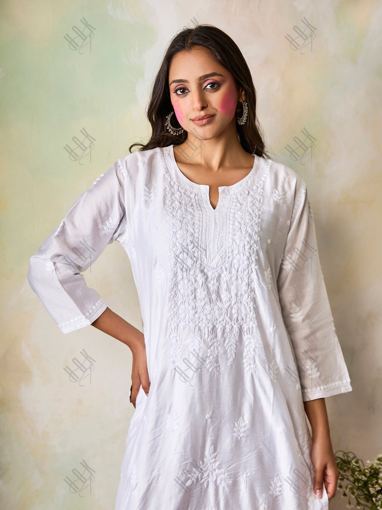 Hand Embroidery Chikankari Long Kurti for Women In Chanderi Silk  White-6