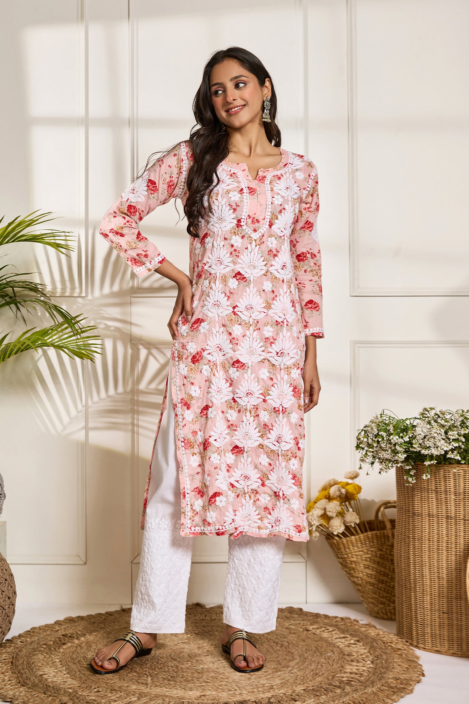 Saba Chikankari Kurta in Mul cotton in Baby Pink