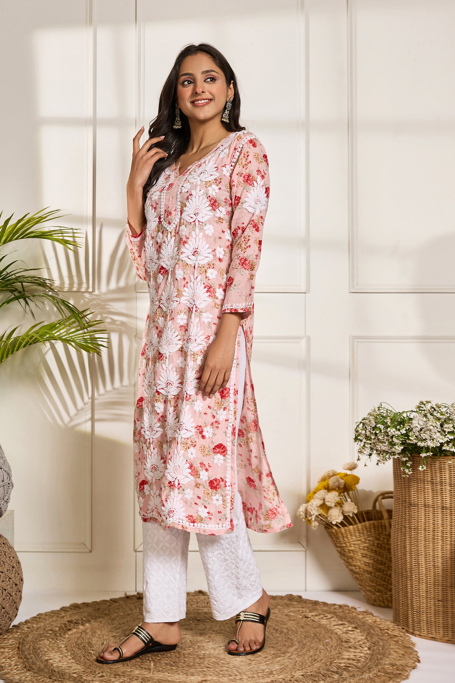 Saba Chikankari Kurta in Mul cotton in Baby Pink