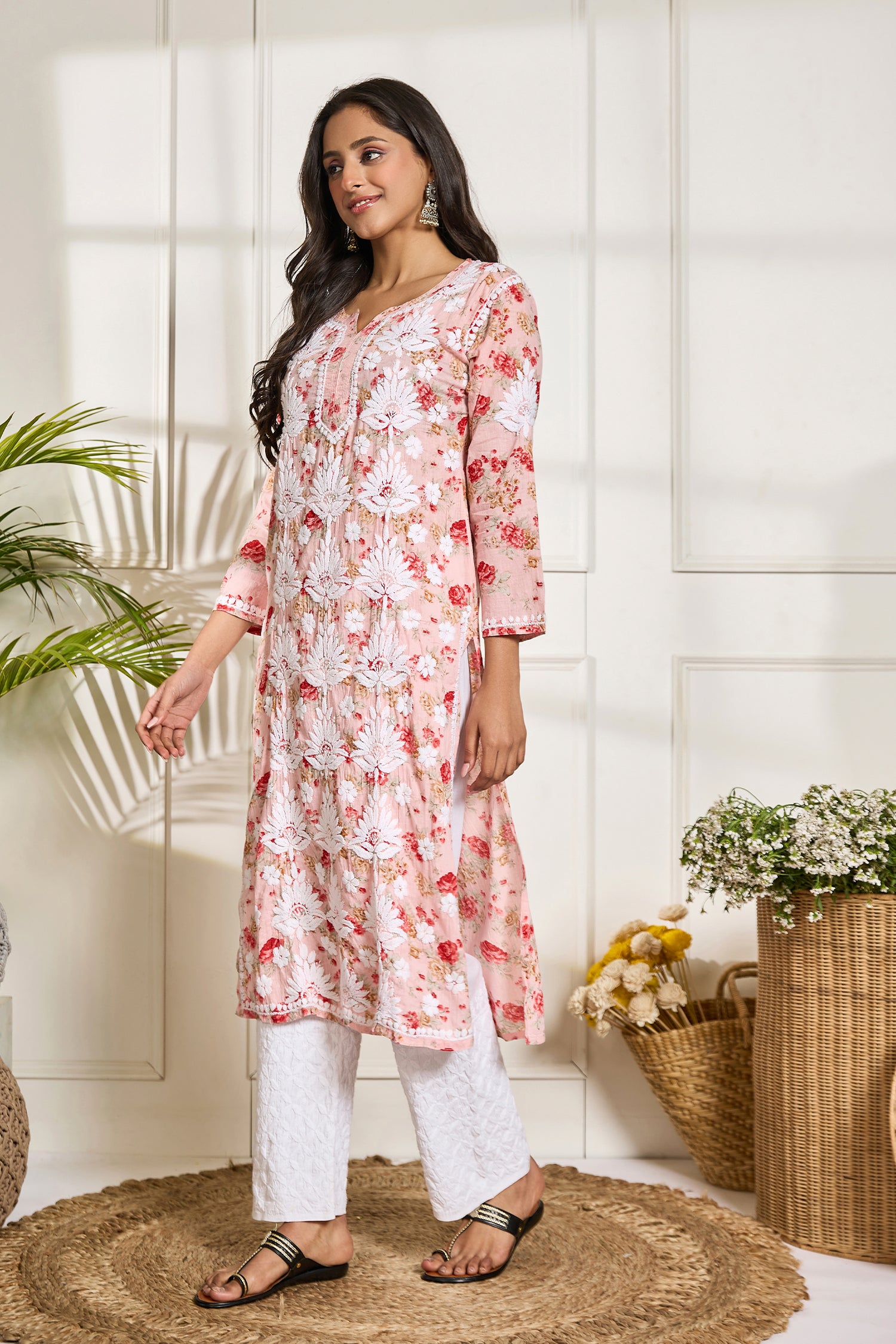 Saba Chikankari Kurta in Mul cotton in Baby Pink