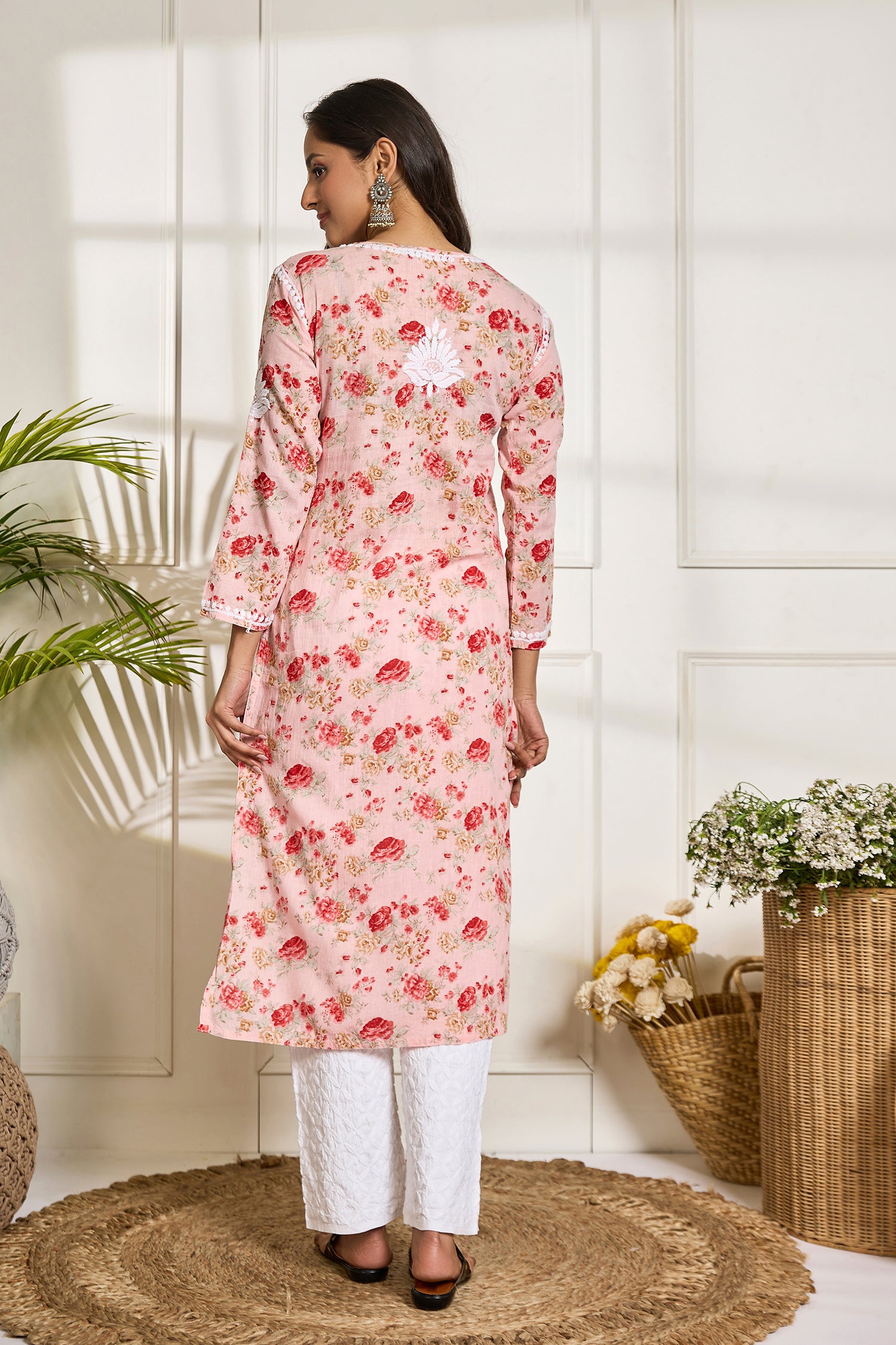 Saba Chikankari Kurta in Mul cotton in Baby Pink