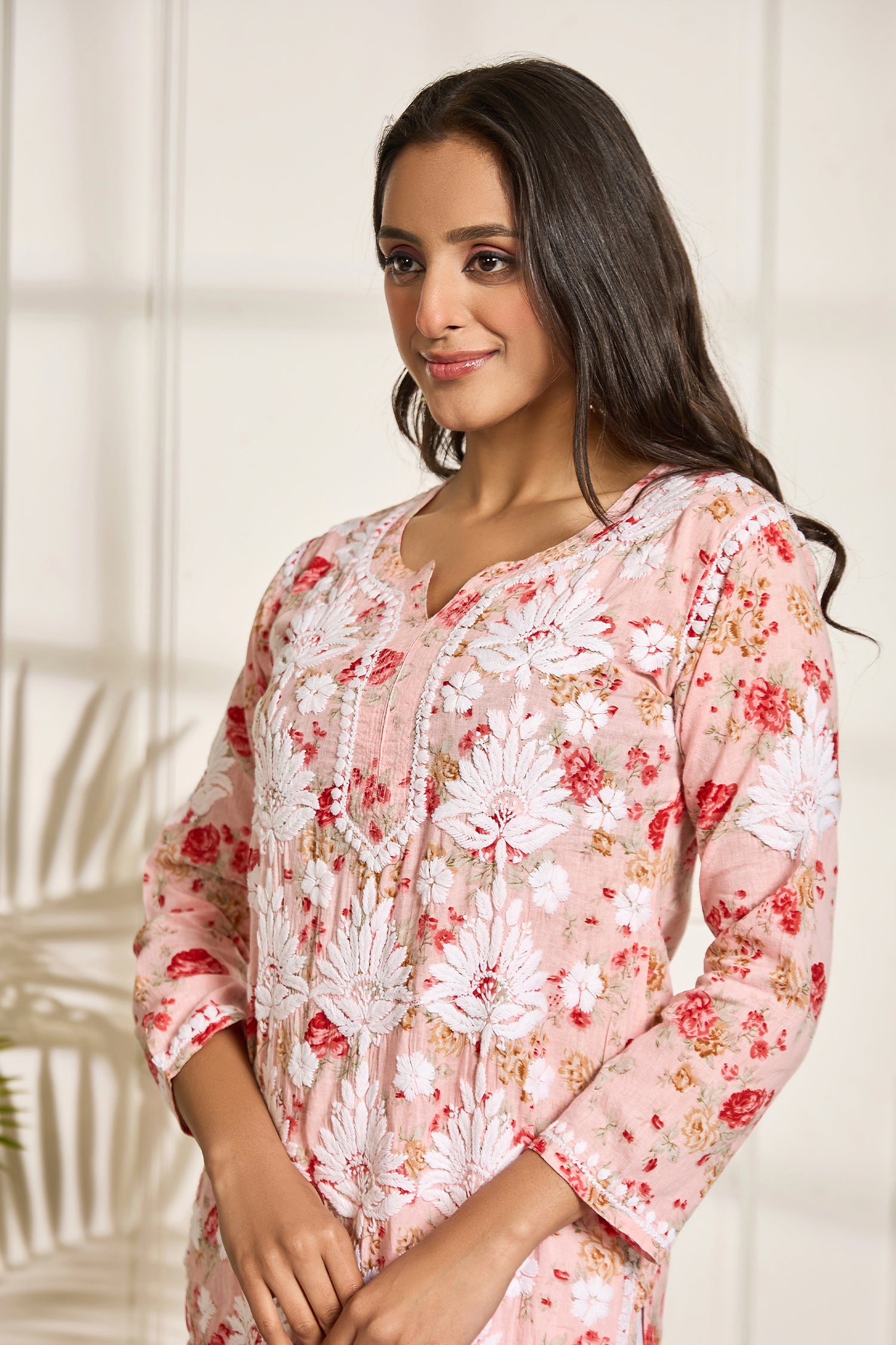 Saba Chikankari Kurta in Mul cotton in Baby Pink