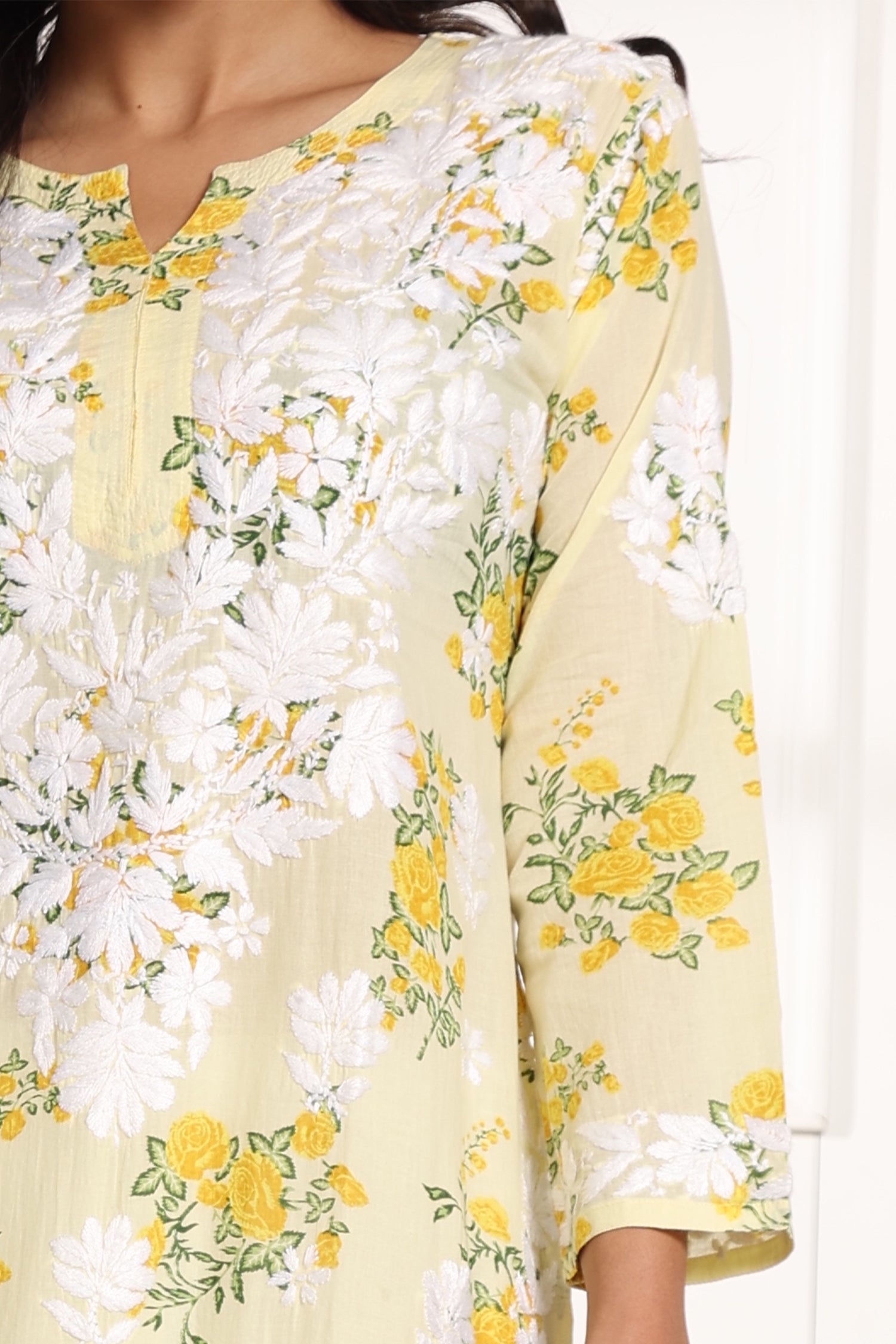 Saba Chikankari Kurta in Mul cotton in Lemon Yellow print