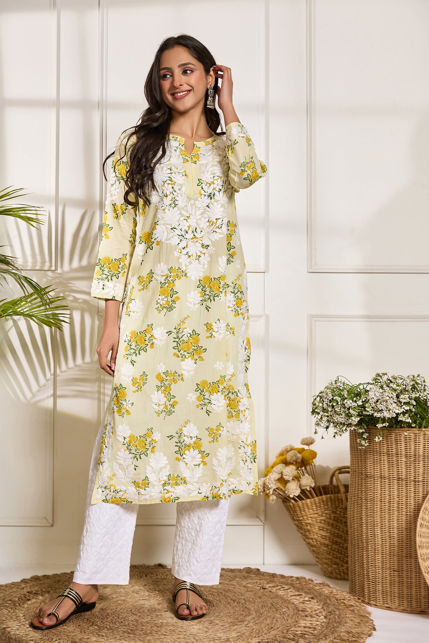 Saba Chikankari Kurta in Mul cotton in Lemon Yellow print