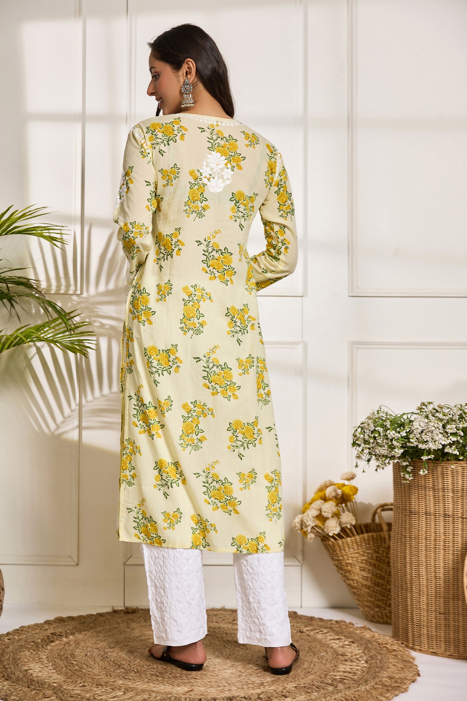 Saba Chikankari Kurta in Mul cotton in Lemon Yellow print