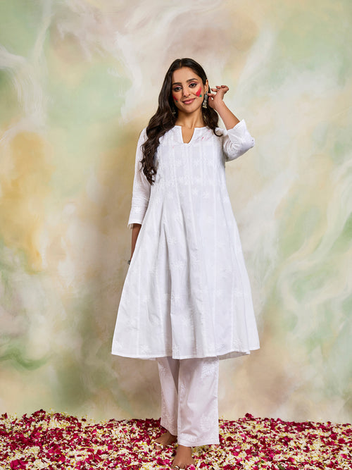 Noor Chikankari Hand embroidery Anarkali Dress in Cotton White