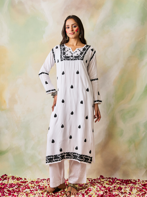 Buy Get Glamr Women's Cotton A-Line Flare Kurti Calf Length Hand Block  Printed White Kurta with Half Sleeves, Sizes -XXL at Amazon.in