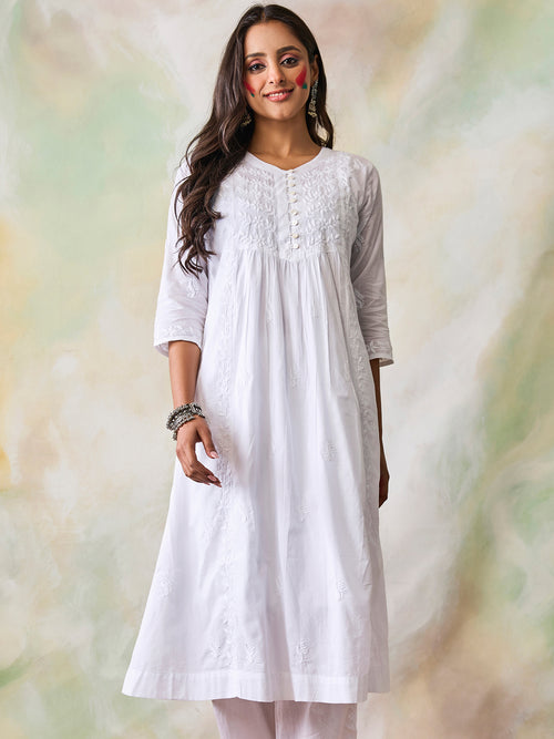 Noor Hand Embroidery Chikankari Long Kurti for Women in White
