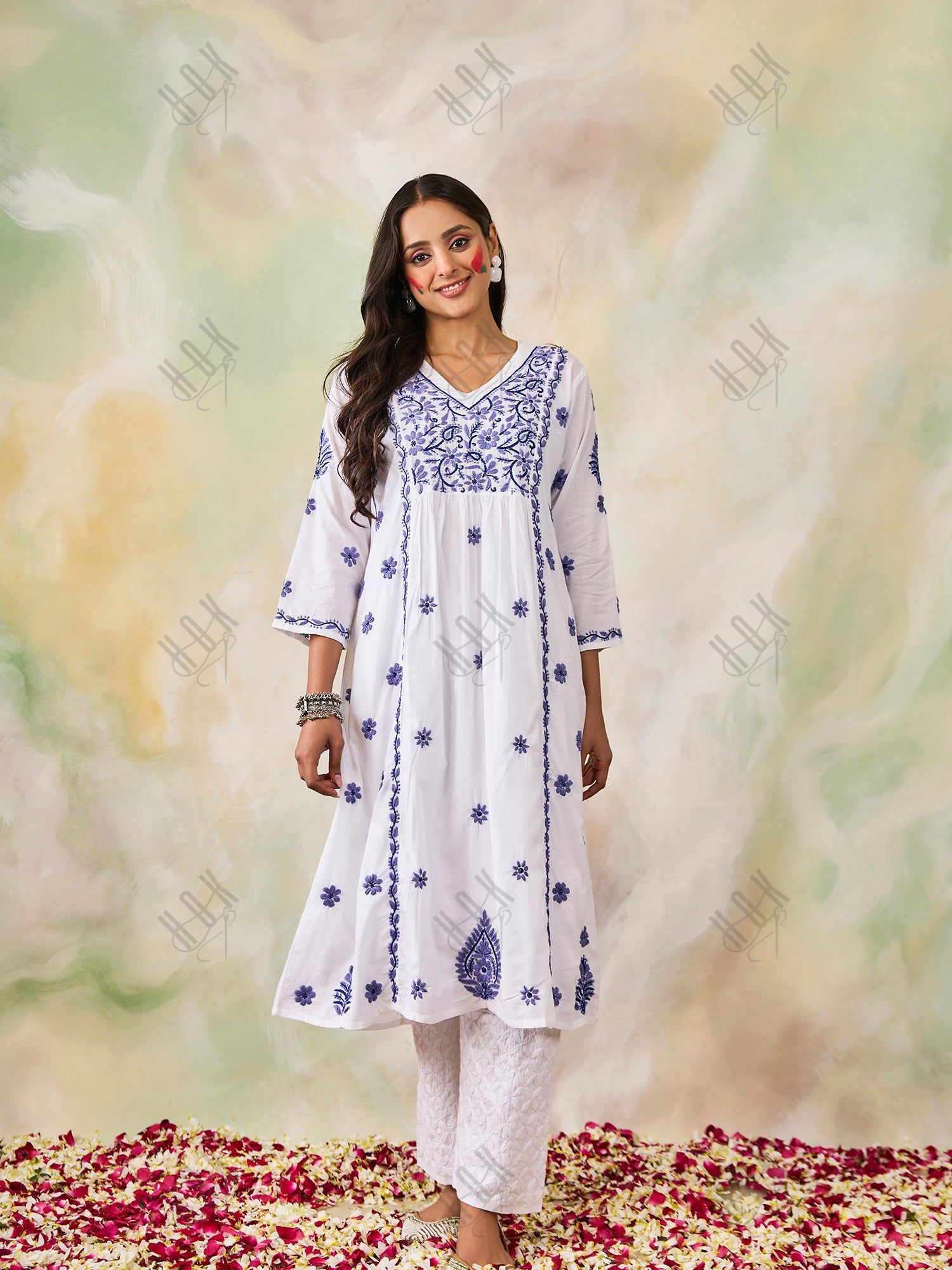 Hand Embroidery Chikankari Long Kurti for Women | Stylish Casual | Fancy| White with Blue