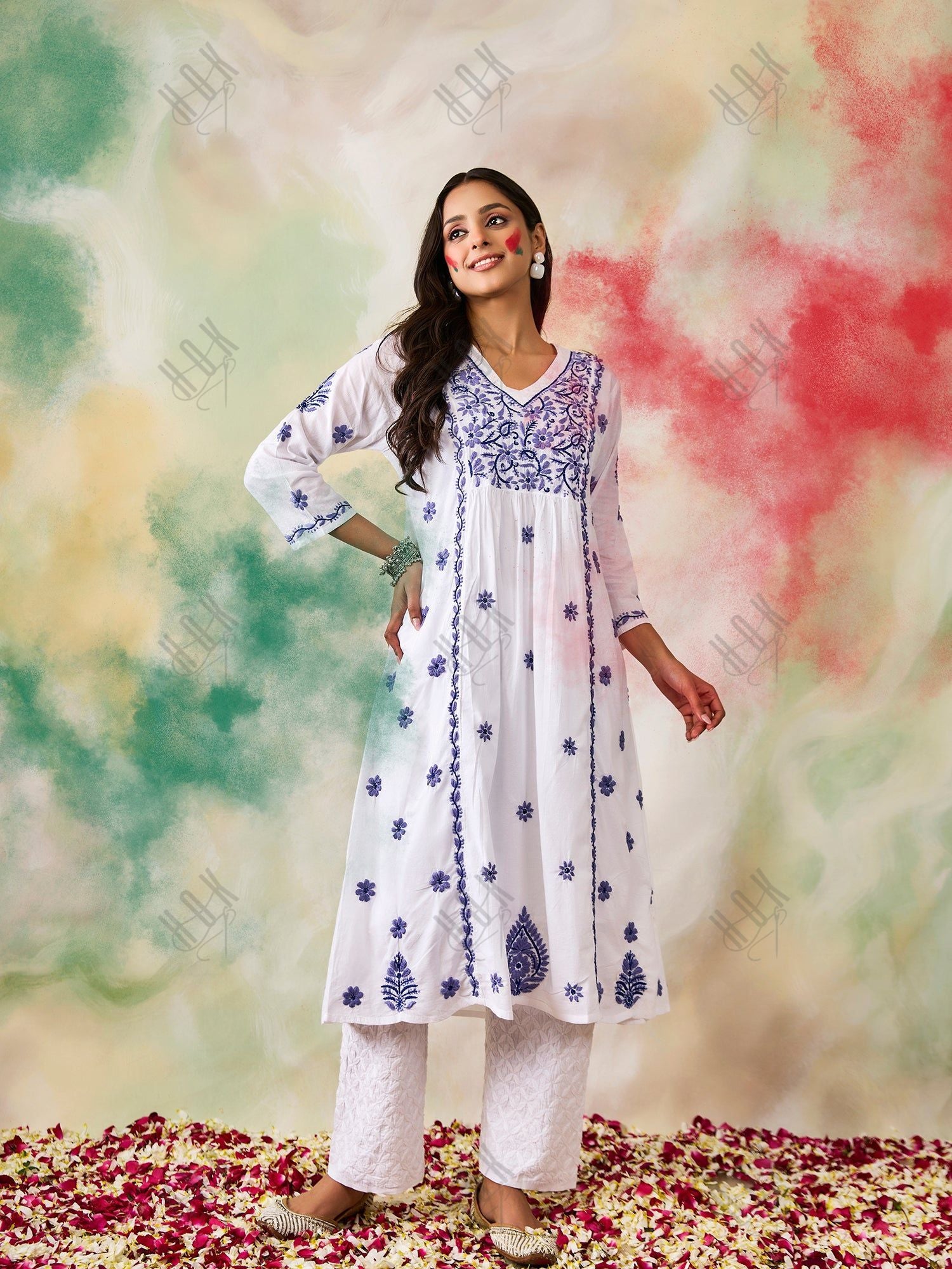 Hand Embroidery Chikankari Long Kurti for Women | Stylish Casual | Fancy| White with Blue