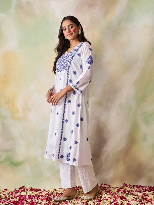 Hand Embroidery Chikankari Long Kurti for Women | Stylish Casual | Fancy| White with Blue