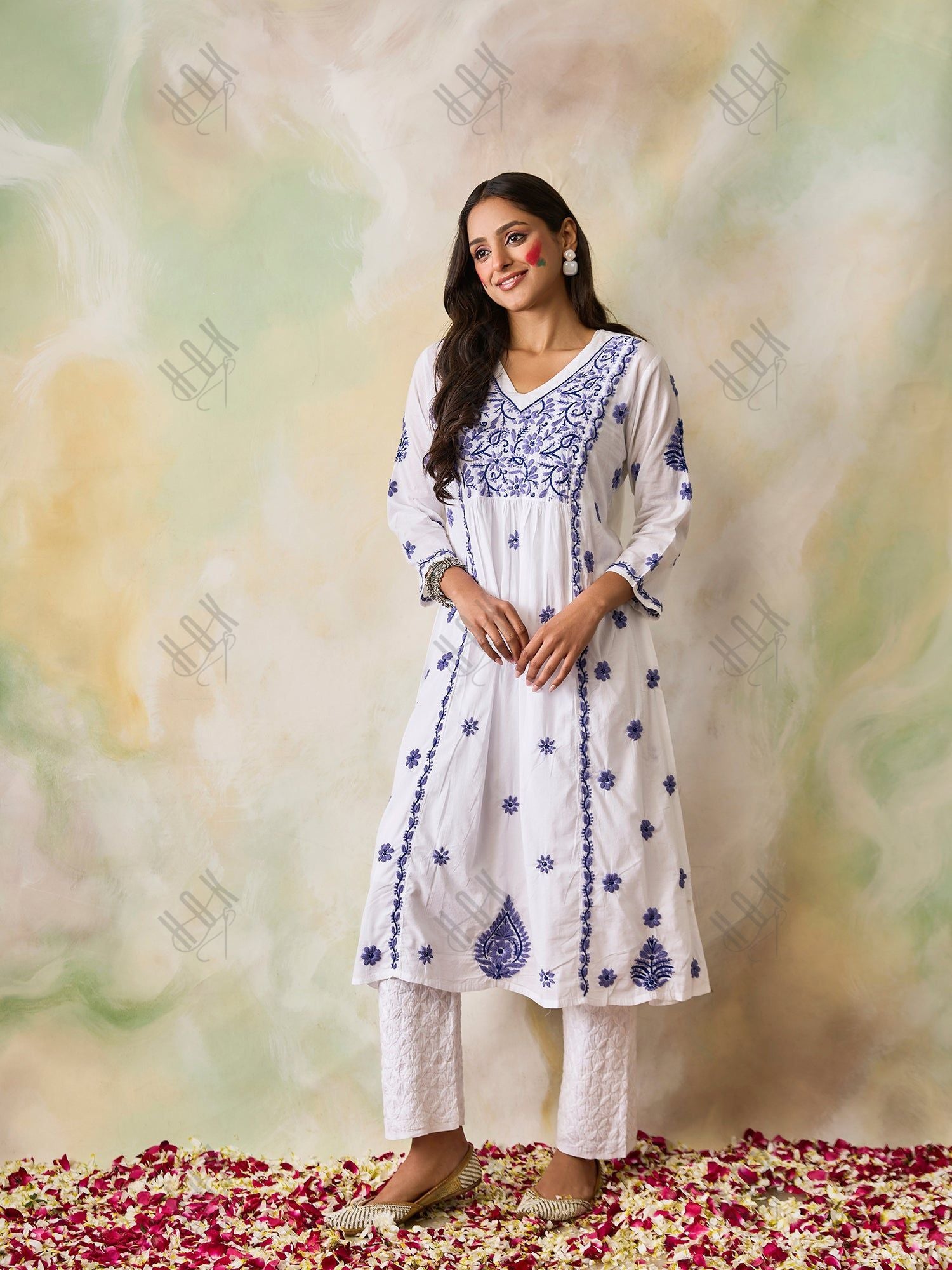 Hand Embroidery Chikankari Long Kurti for Women | Stylish Casual | Fancy| White with Blue