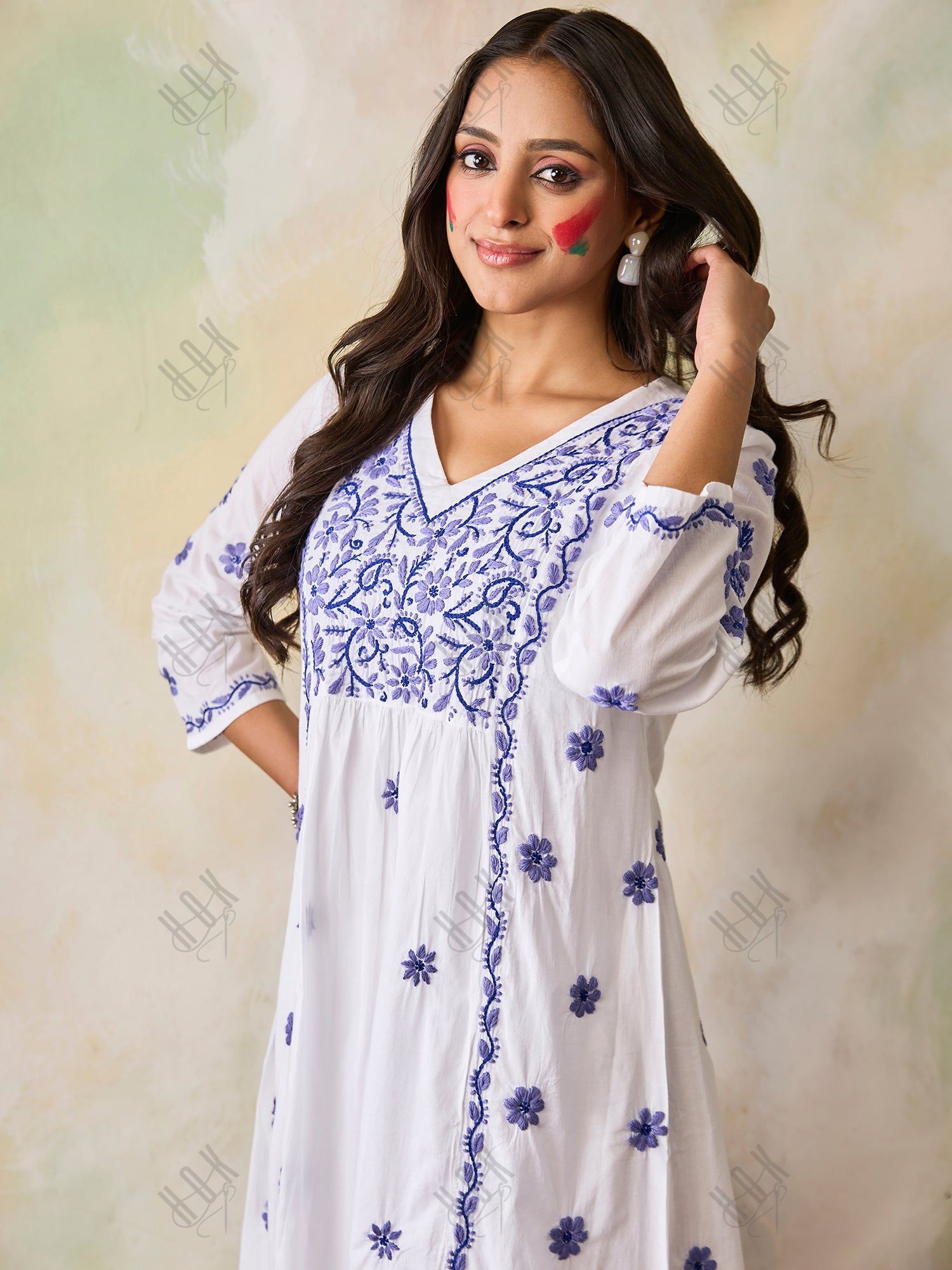 Hand Embroidery Chikankari Long Kurti for Women | Stylish Casual | Fancy| White with Blue