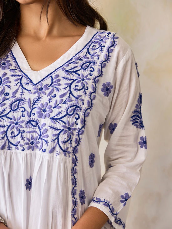 Hand Embroidery Chikankari Long Kurti for Women | Stylish Casual | Fancy| White with Blue