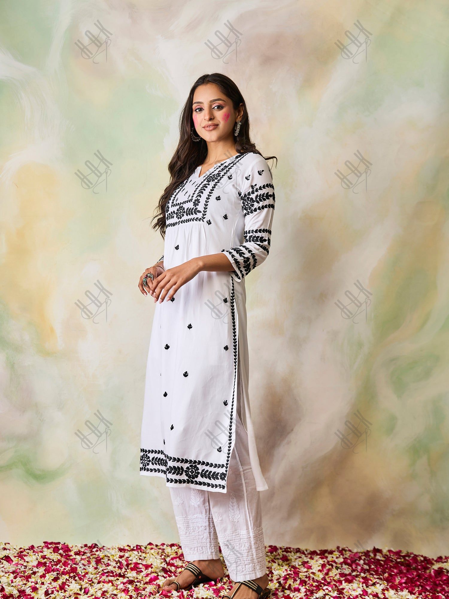 Samma Chikankari Long Kurta in Rayon Cotton for Women- White With Black