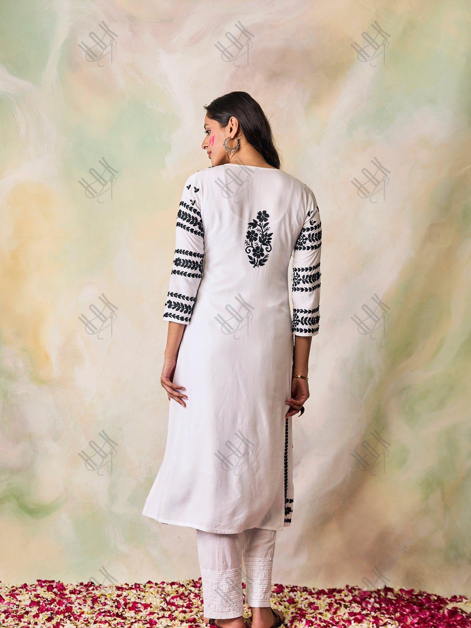 Samma Chikankari Long Kurta in Rayon Cotton for Women- White With Black