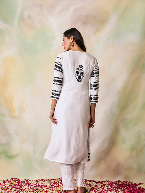 Samma Chikankari Long Kurta in Rayon Cotton for Women- White With Black