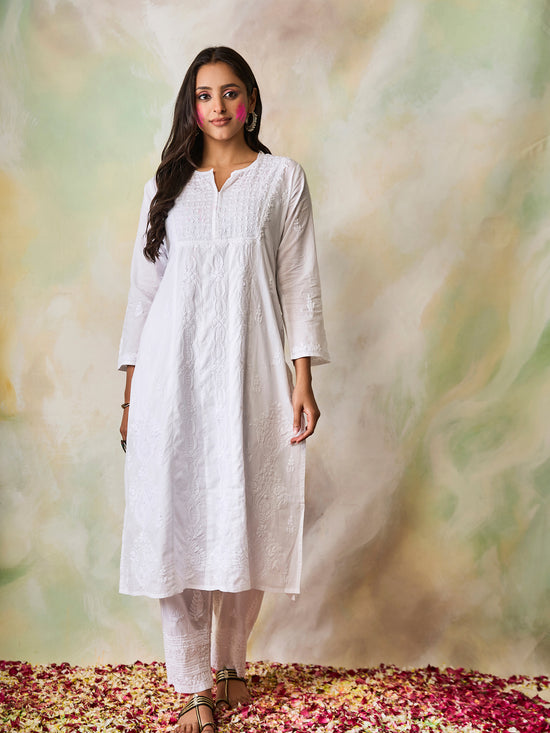 Samma Chikankari Long Kurta Cotton for Women- White