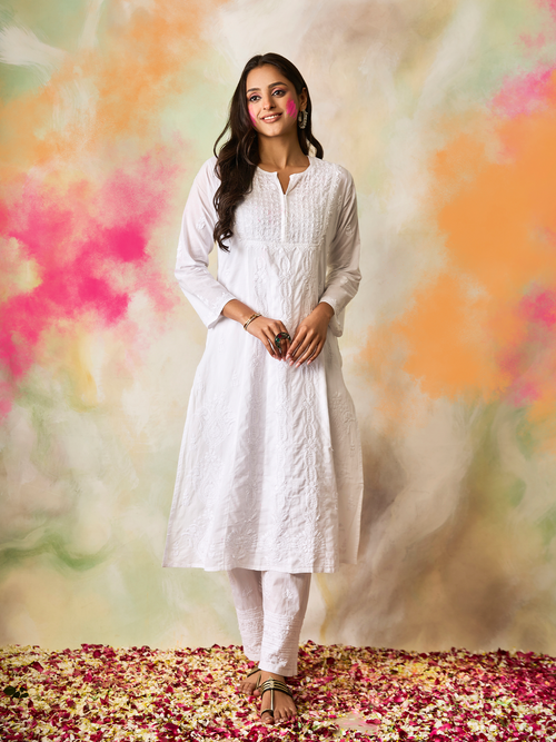 Buy White Yoke Design Cotton Straight Kurta With Salwar & Dupatta Online at  Rs.1189 | Libas