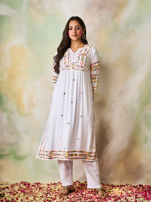 Samma Chikankari Long Kurta in Rayon Cotton for Women- White With Multi Colours