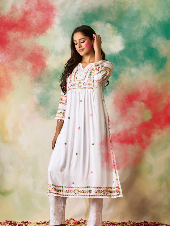 Samma Chikankari Long Kurta in Rayon Cotton for Women- White With Multi Colours