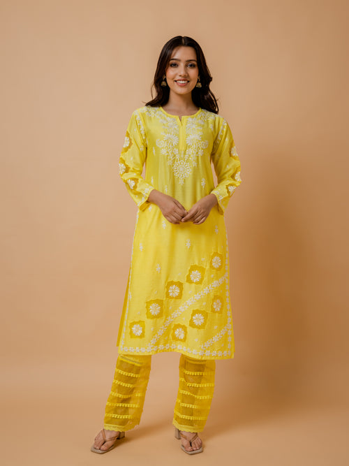 Fizaa Yellow Chikankari Chanderi Silk Kurta Set