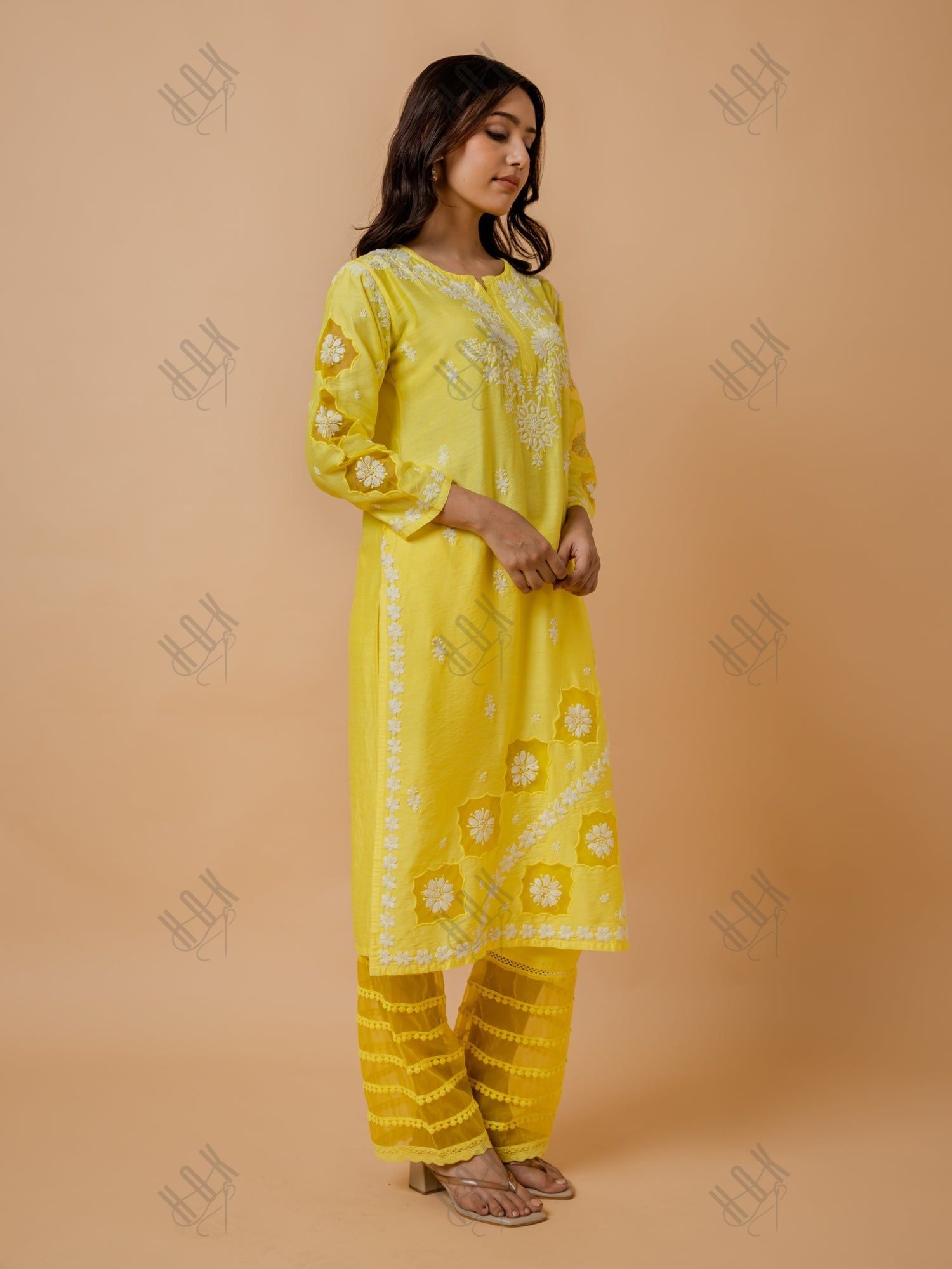 Fizaa Yellow Chikankari Chanderi Silk Kurta Set