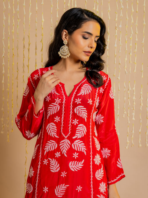 Fizaa Chikankari Crepe Silk Kurta Set for Women in Red