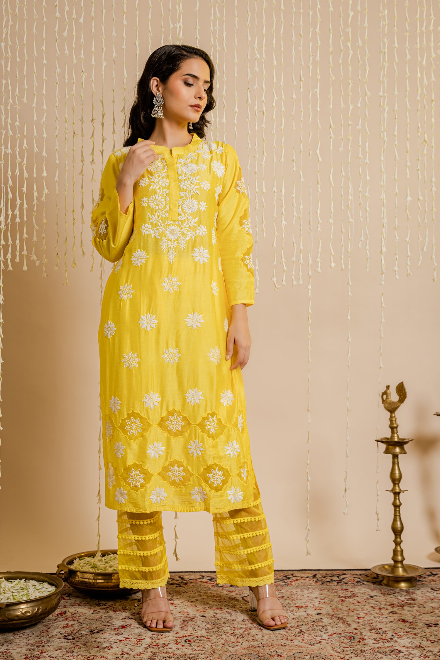 Fizaa Yellow Chikankari Chanderi Silk Kurta