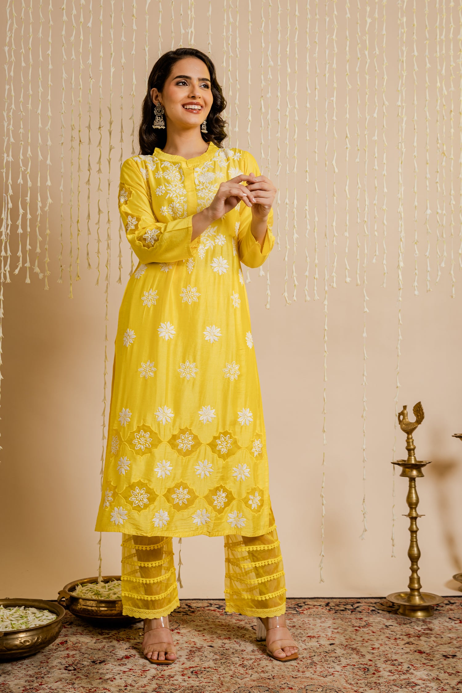 Fizaa Yellow Chikankari Chanderi Silk Kurta