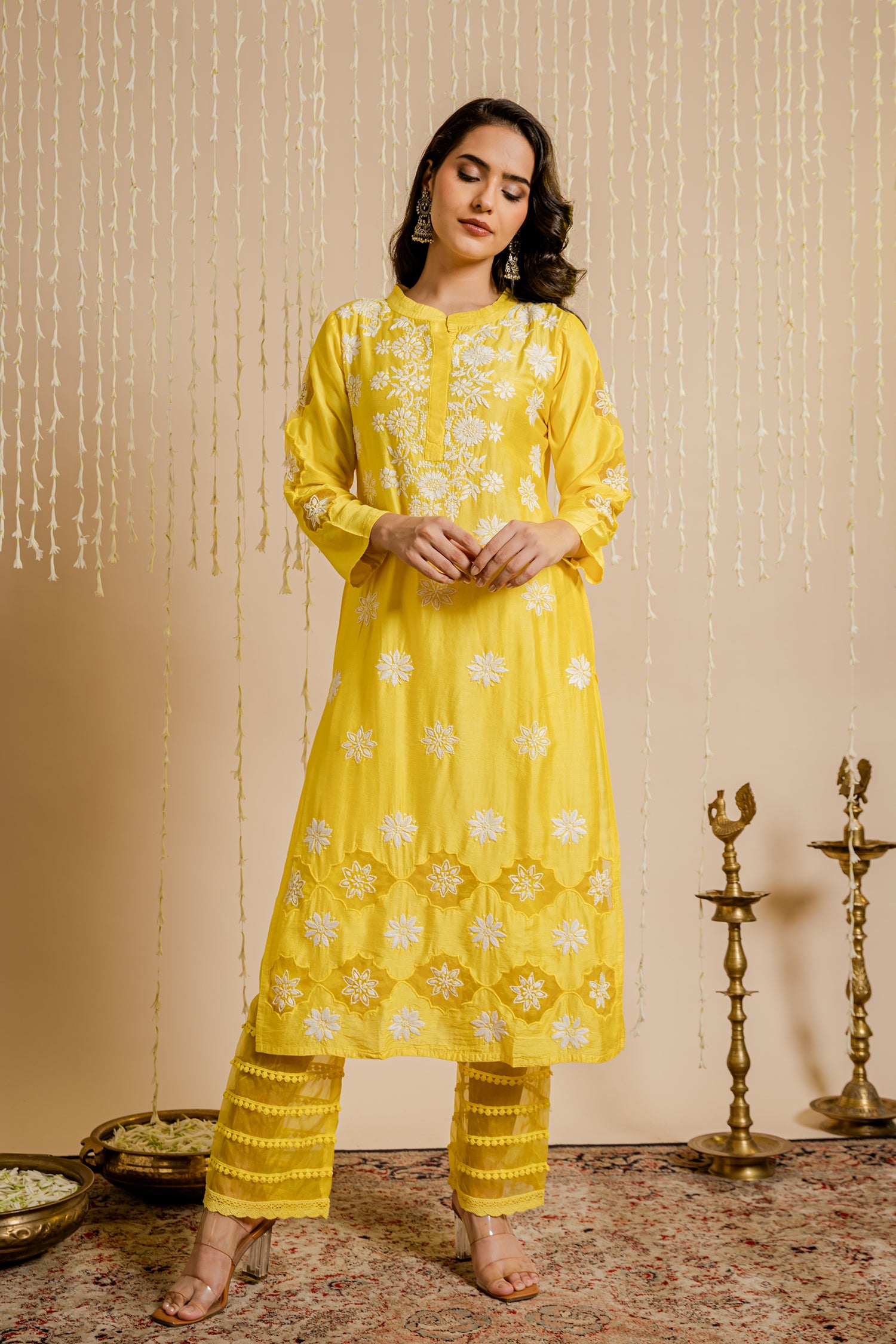 Fizaa Yellow Chikankari Chanderi Silk Kurta