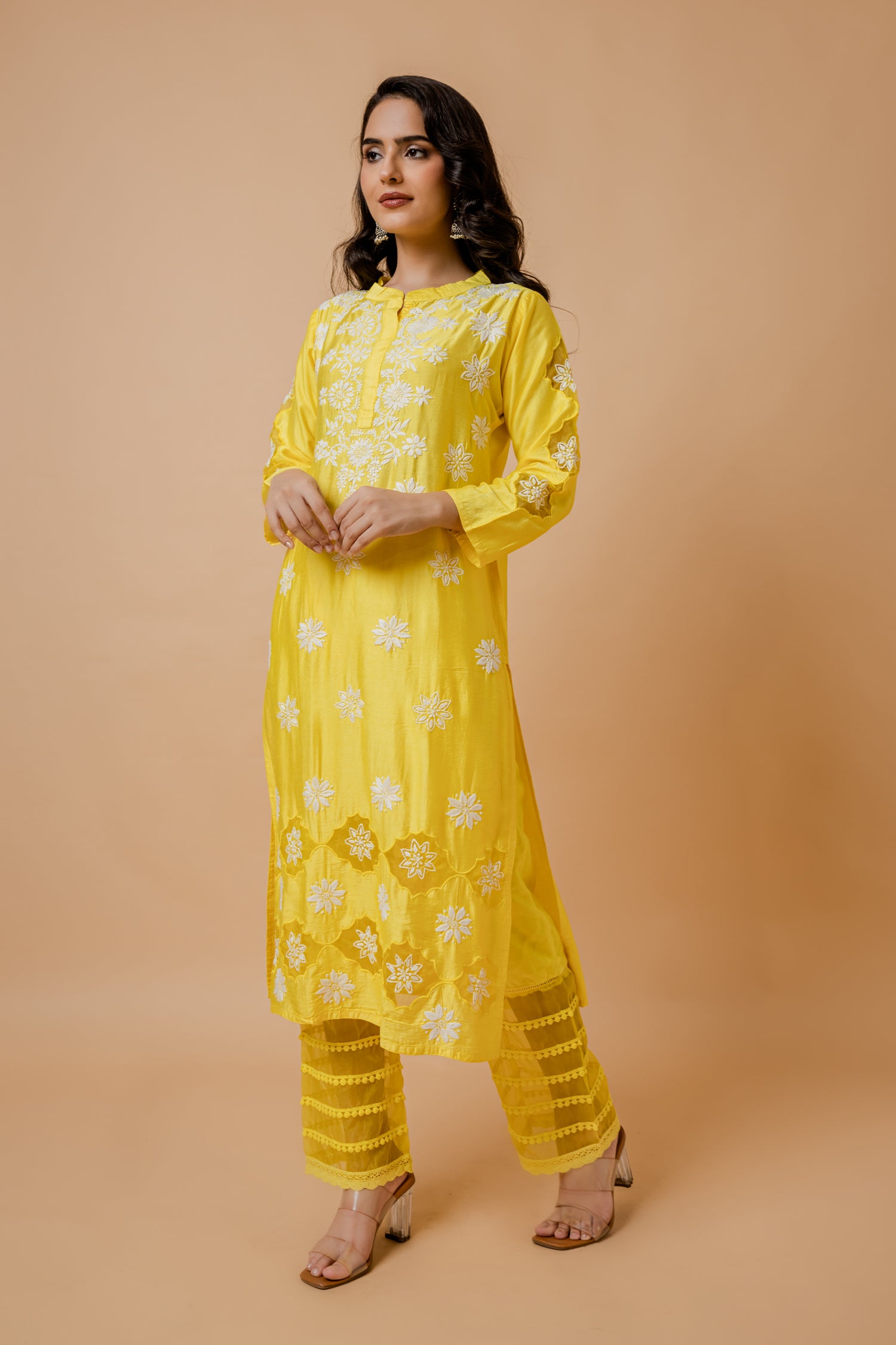 Fizaa Yellow Chikankari Chanderi Silk Kurta