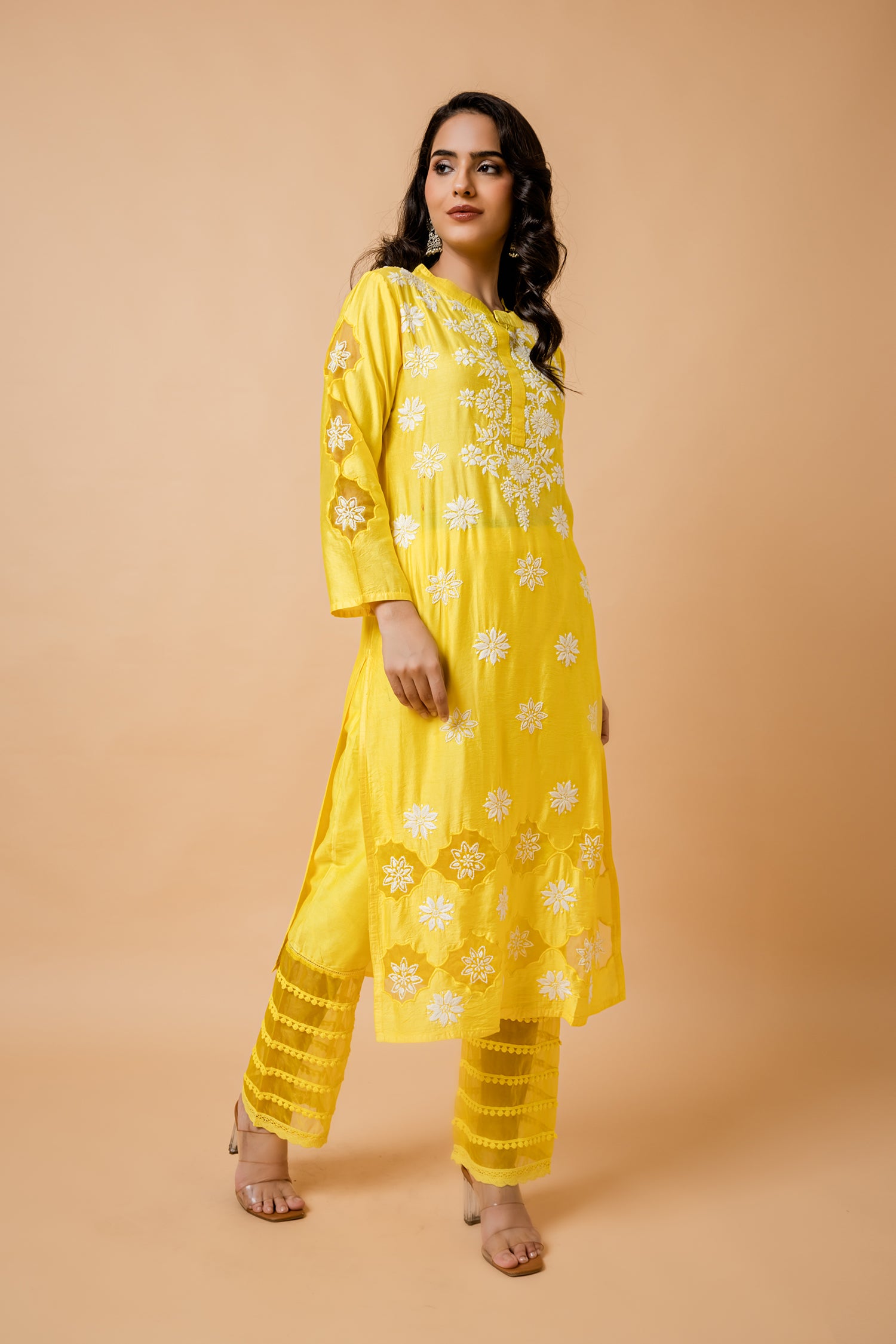 Fizaa Yellow Chikankari Chanderi Silk Kurta