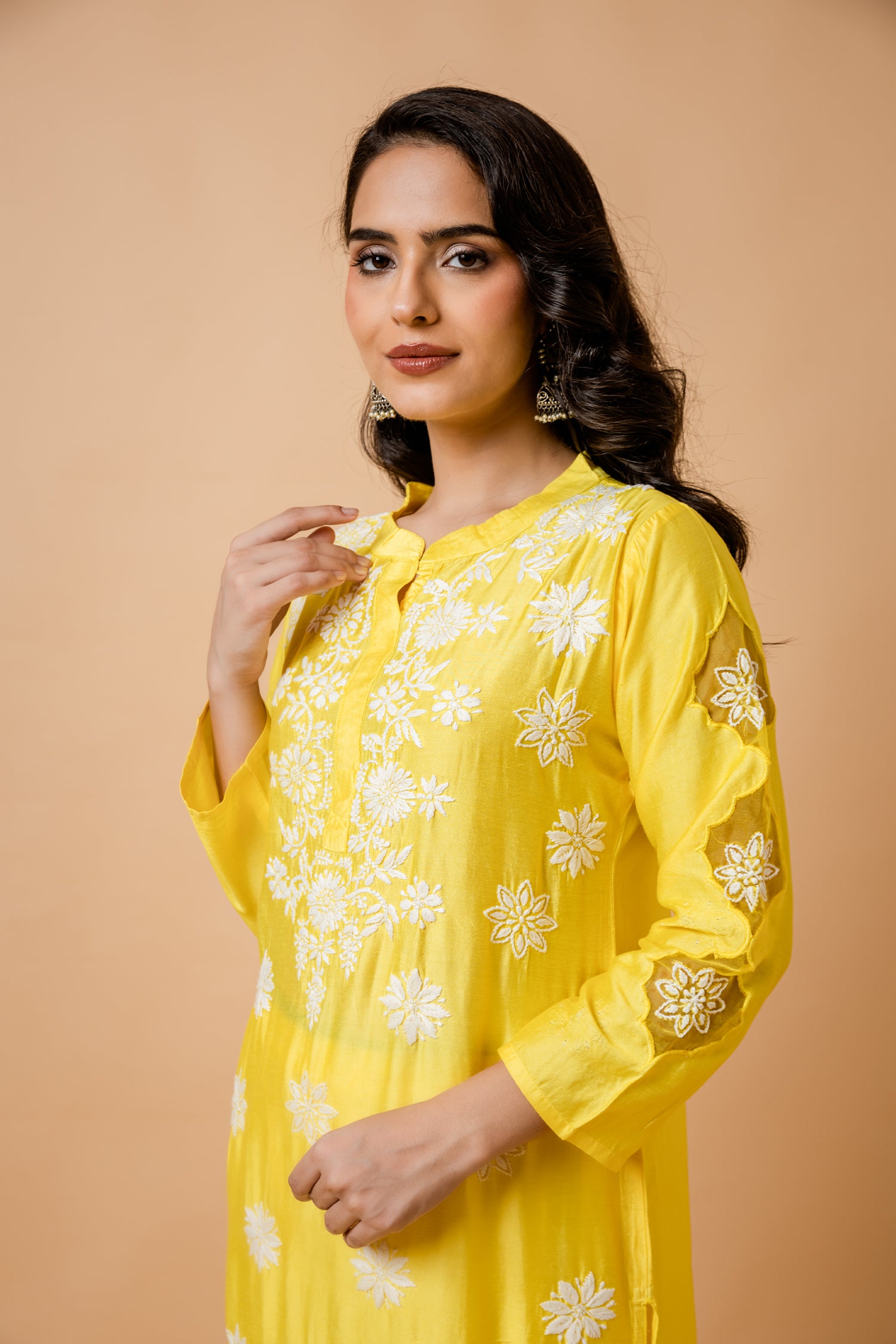 Fizaa Yellow Chikankari Chanderi Silk Kurta