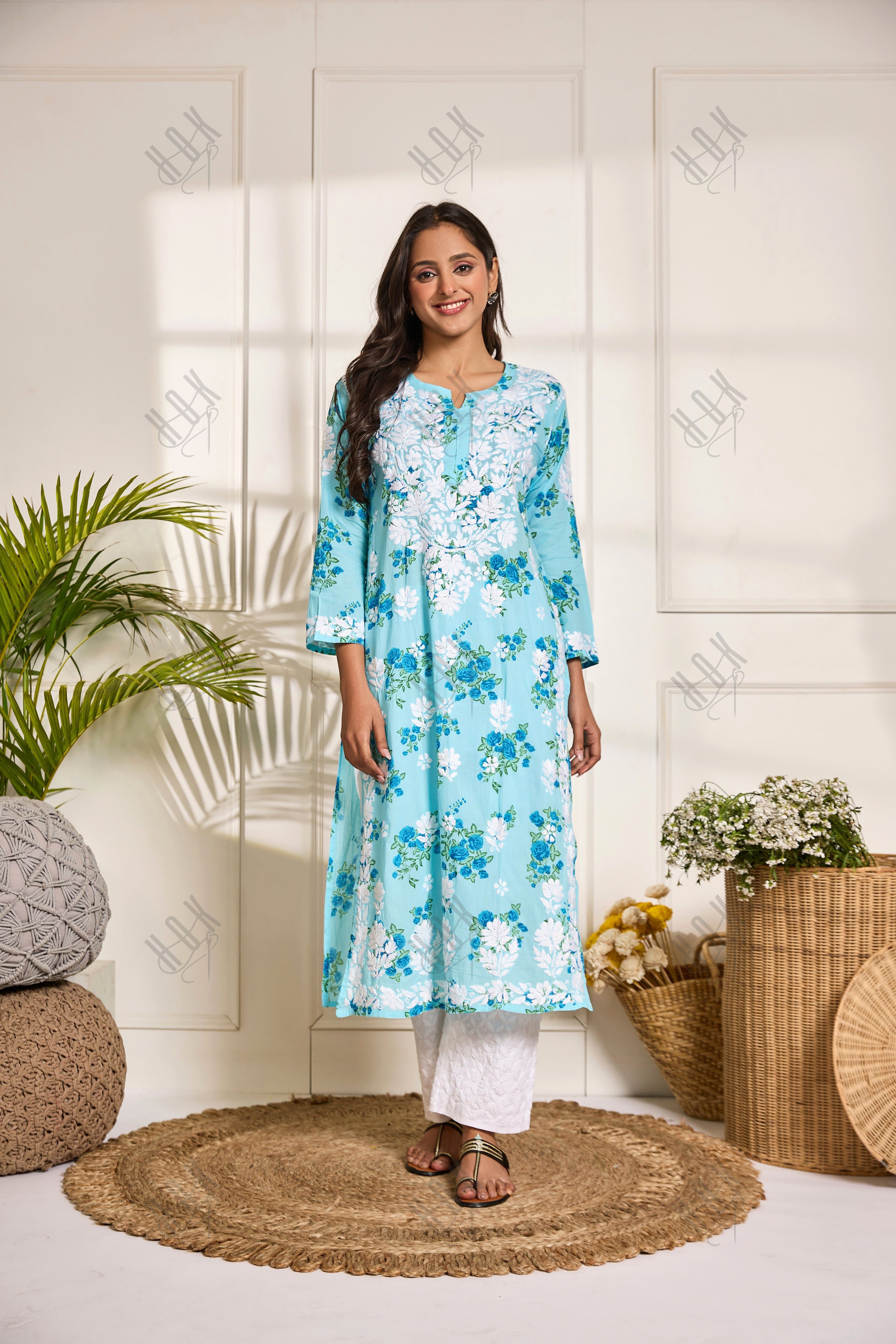 Saba Chikankari Kurta in Mul cotton in Aqua Blue