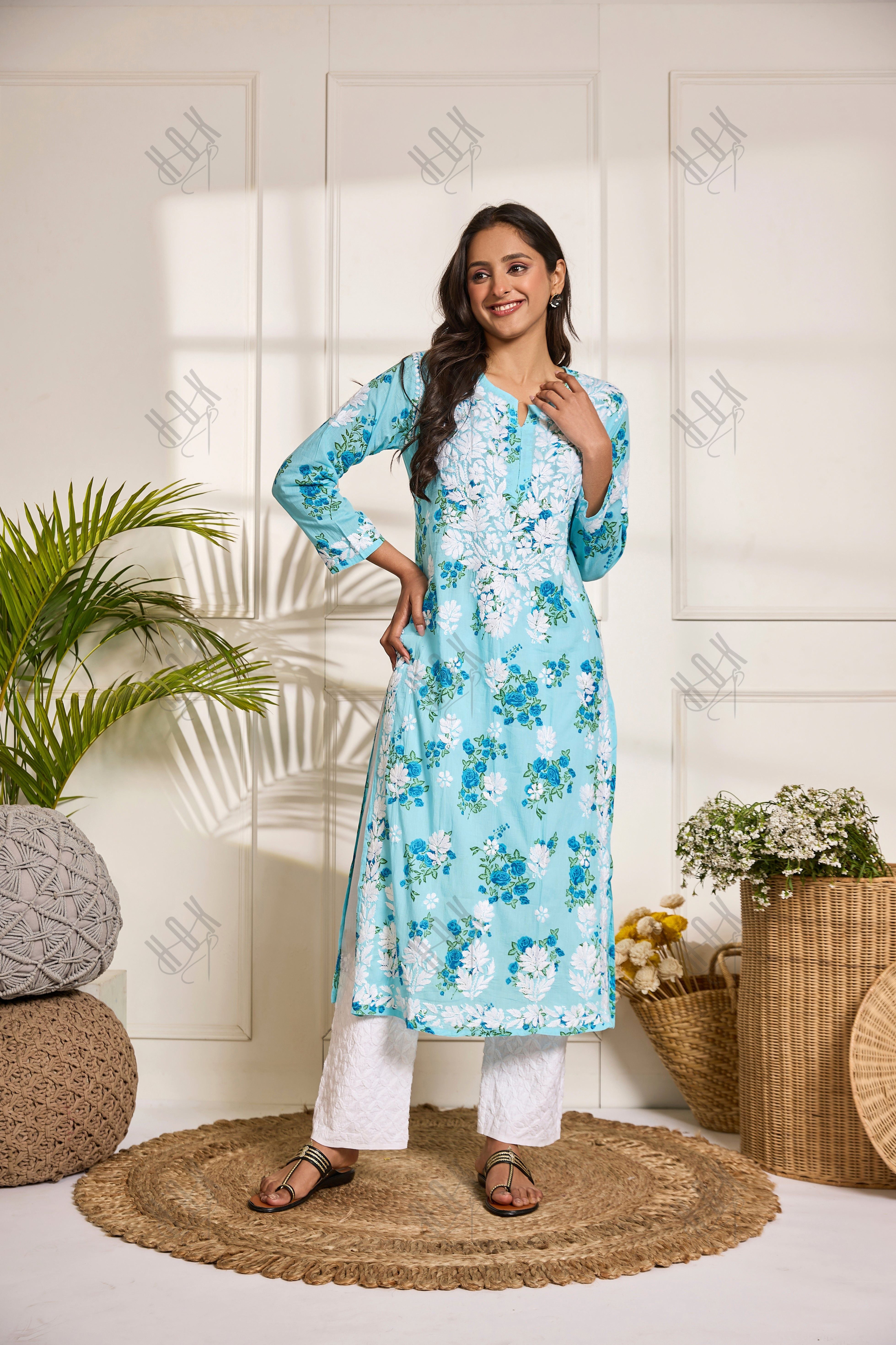 Saba Chikankari Kurta in Mul cotton in Aqua Blue