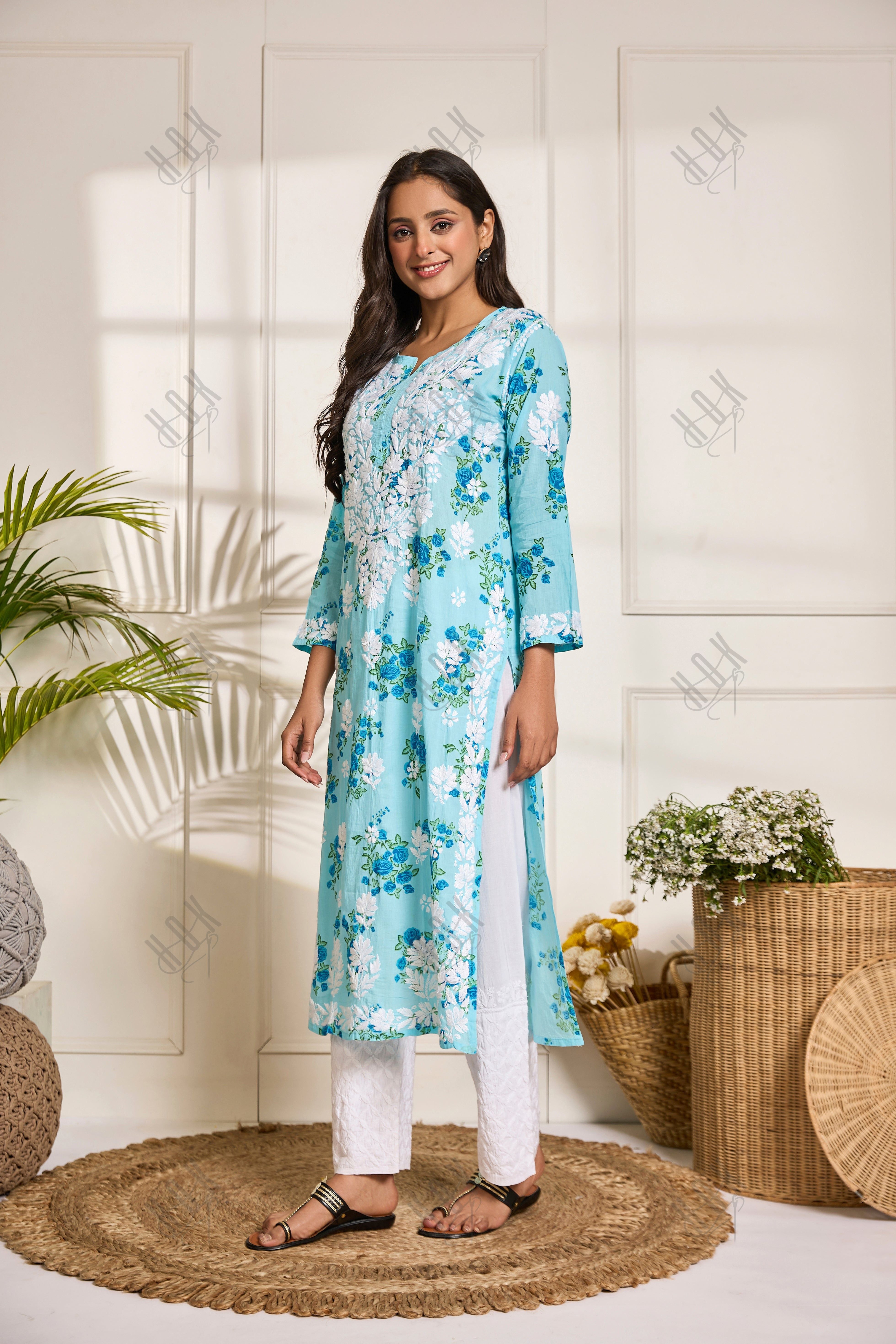 Saba Chikankari Kurta in Mul cotton in Aqua Blue