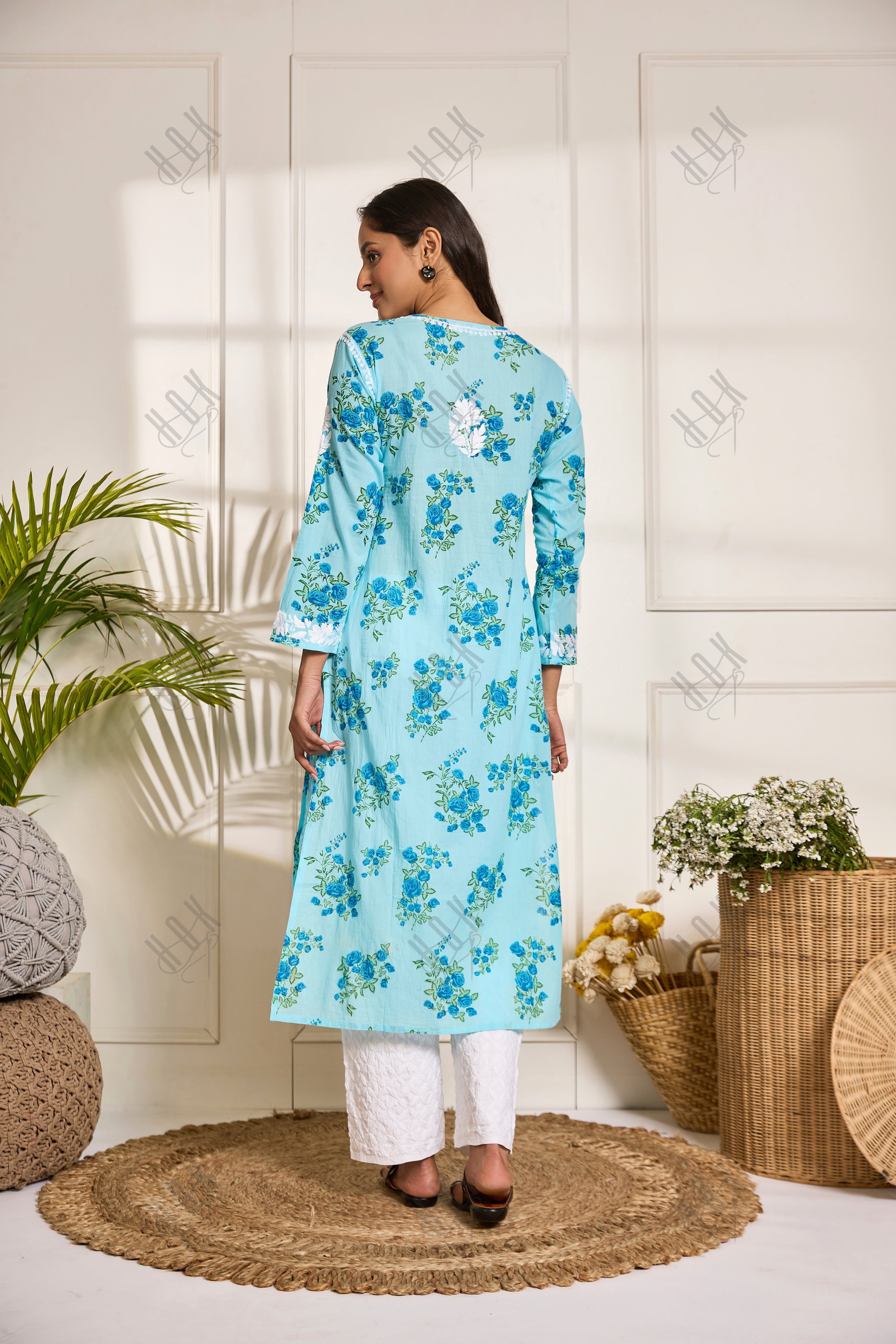 Saba Chikankari Kurta in Mul cotton in Aqua Blue